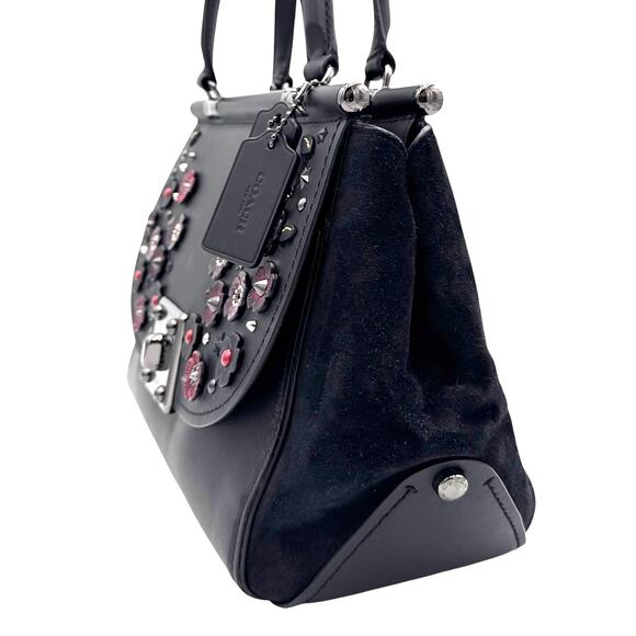 Coach Tea Rose Drifter Turnlock Satchel Floral Appliqué Black Leather 59522 - Picture 7 of 15